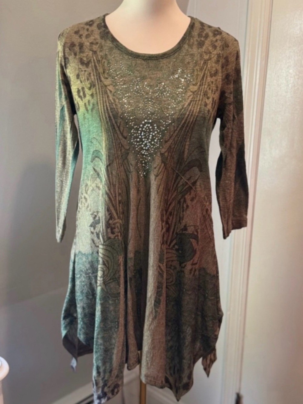 Vintage Cactus Mixed Print Rhinestone Handkerchief Hem Tunic Dress | Size Small